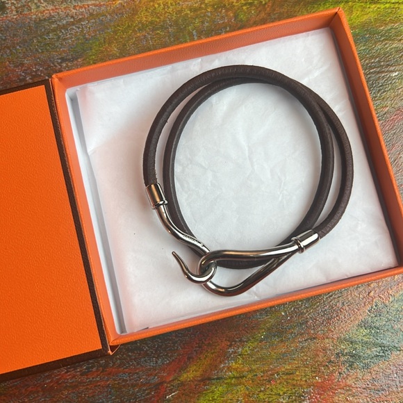 Hermes Hook Bracelet Jumbo Metal Logo Silver Color Brown Leather Chocker 15" - Picture 2 of 13